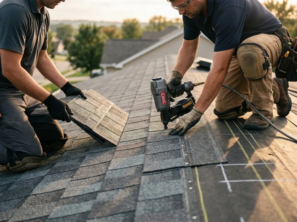 Professional roofer working on a residential roof in Lynden